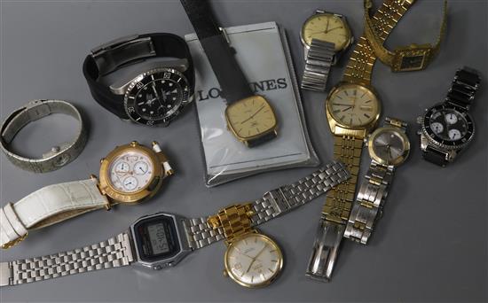 An Omega Seamaster watch converted to a nurses watch, a Longines watch and eight other wrist watches.